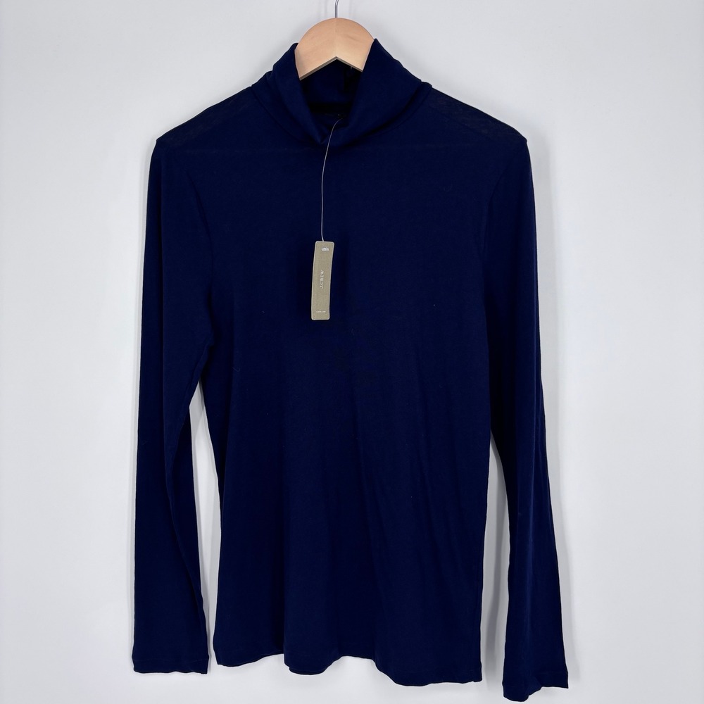 J Crew Tissue Turtleneck T Shirt Women L Navy Blue Cotton Semi Sheer Minimal NEW